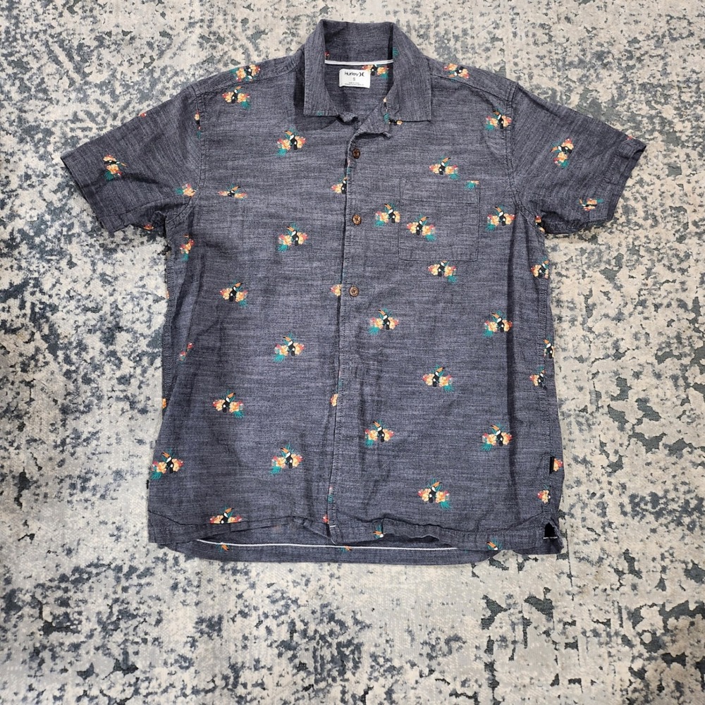 Hurley Mens Small Toucan Tropical Floral Button Up Shrt Gray Short Sleeve BV9209